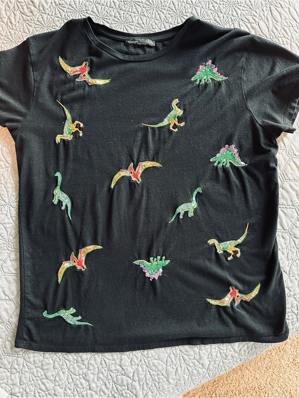 Zara Black Tee with Colorful Embroidered Dinosaurs